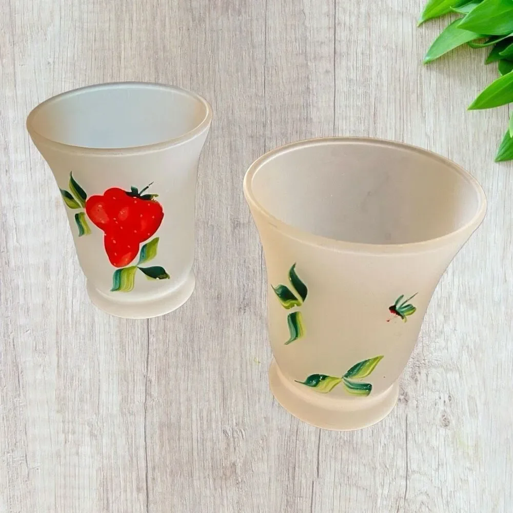 Vntg Hand Painted Strawberries Frosted Glass Juice Set 1950s Mid Century Modern